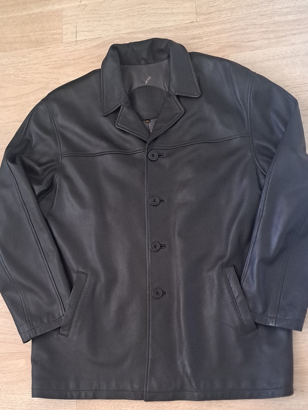 Rosleen Men's Black Genuine Leather Pea Coat - Classic Button Front